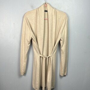 Zara Knit Oatmeal Shawl Collar Open Front Belted Long Cardigan Sweater Medium